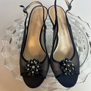 Caparros Slingback Heels Navy Blue Mesh Jeweled‎ Evening Party Shoes Size 7.5